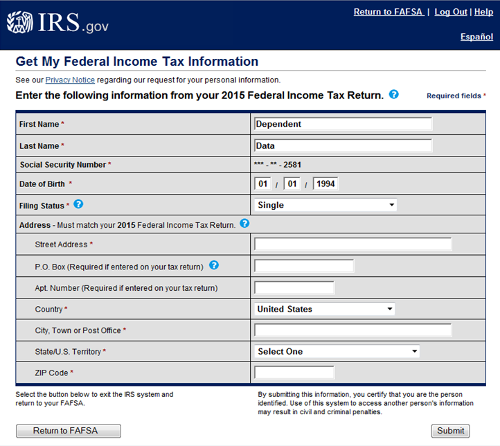IRS Data Retrieval Tool FAFSA